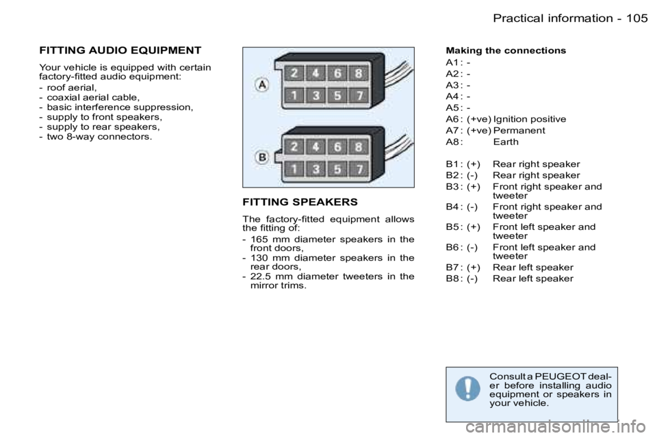 PEUGEOT 206 SW DAG 2007  Owners Manual �1�0�5�P�r�a�c�t�i�c�a�l� �i�n�f�o�r�m�a�t�i�o�n�-
�F�I�T�T�I�N�G� �S�P�E�A�K�E�R�S� 
�T�h�e�  �f�a�c�t�o�r�y�-�ﬁ�t�t�e�d �e�q�u�i�p�m�e�n�t �a�l�l�o�w�s 
�t�h�e� �ﬁ�t�t�i�n�g �o�f�: 
�-�  �1�6�5�