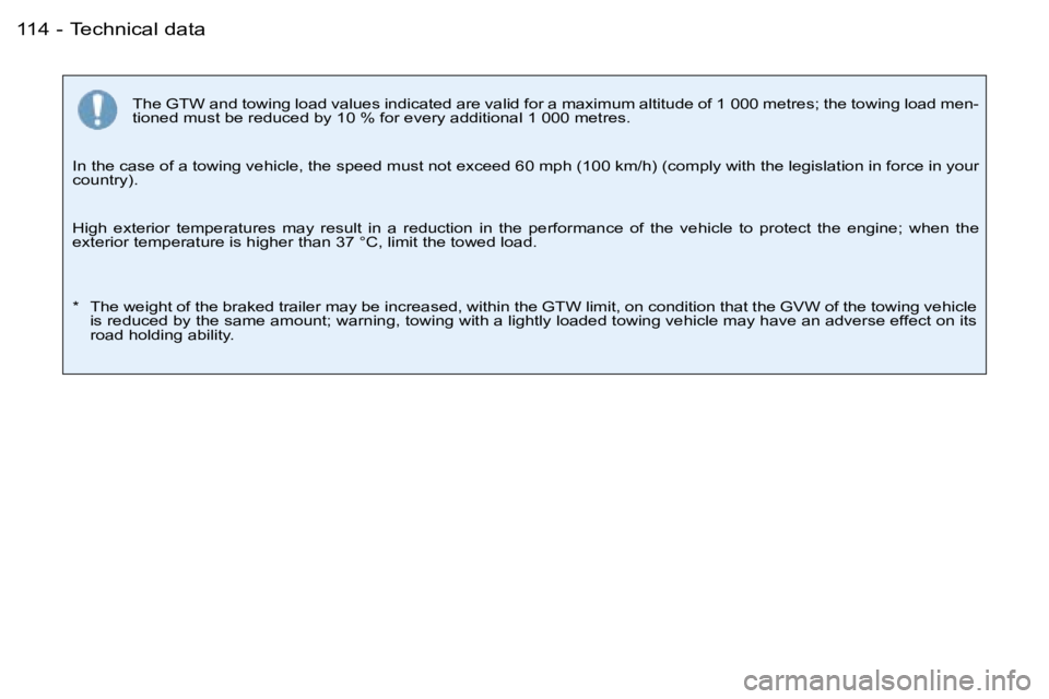 PEUGEOT 206 SW DAG 2007  Owners Manual �T�e�c�h�n�i�c�a�l� �d�a�t�a�1�1�4 �-
�T�h�e� �G�T�W� �a�n�d� �t�o�w�i�n�g� �l�o�a�d� �v�a�l�u�e�s� �i�n�d�i�c�a�t�e�d� �a�r�e� �v�a�l�i�d� �f�o�r� �a� �m�a�x�i�m�u�m� �a�l�t�i�t�u�d�e� �o�f� �1� �0�0