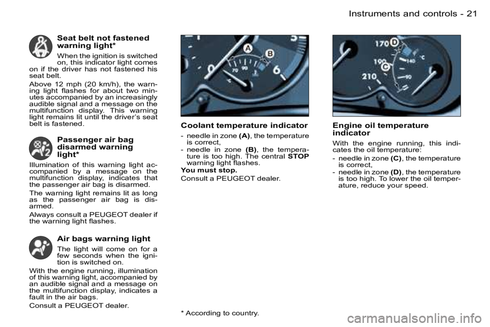 PEUGEOT 206 SW DAG 2007 Owners Manual �2�1�I�n�s�t�r�u�m�e�n�t�s� �a�n�d� �c�o�n�t�r�o�l�s�-
�S�e�a�t� �b�e�l�t� �n�o�t� �f�a�s�t�e�n�e�d�  
�w�a�r�n�i�n�g� �l�i�g�h�t�*
�W�h�e�n� �t�h�e� �i�g�n�i�t�i�o�n� �i�s� �s�w�i�t�c�h�e�d�  
�o�n�,