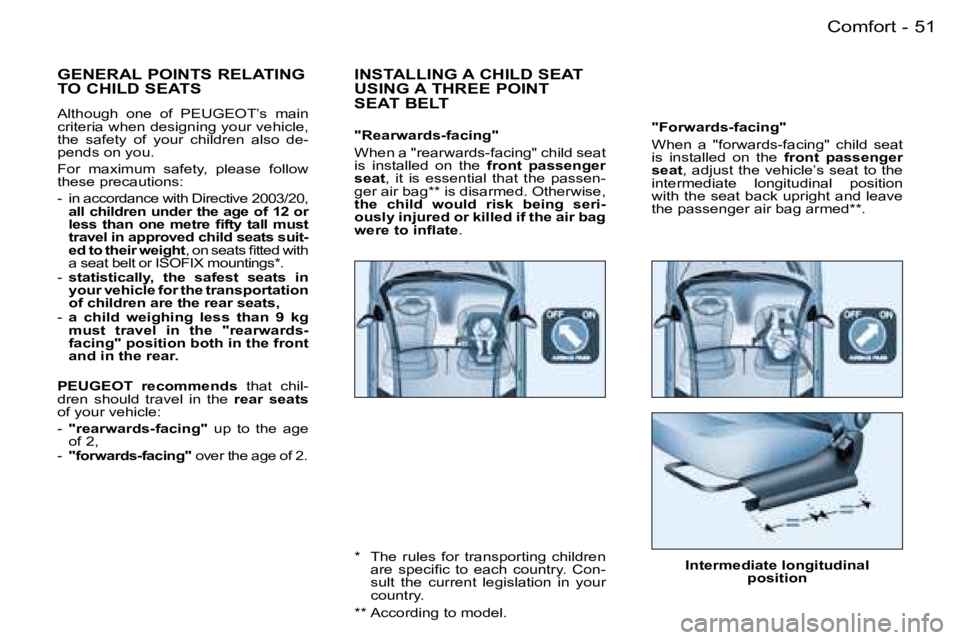 PEUGEOT 206 SW DAG 2007 Workshop Manual �5�1
�-
�"�F�o�r�w�a�r�d�s�-�f�a�c�i�n�g�" 
�W�h�e�n�  �a�  �"�f�o�r�w�a�r�d�s�-�f�a�c�i�n�g�"�  �c�h�i�l�d�  �s�e�a�t�  
�i�s�  �i�n�s�t�a�l�l�e�d�  �o�n�  �t�h�e�  �f�r�o�n�t�  �p�a�