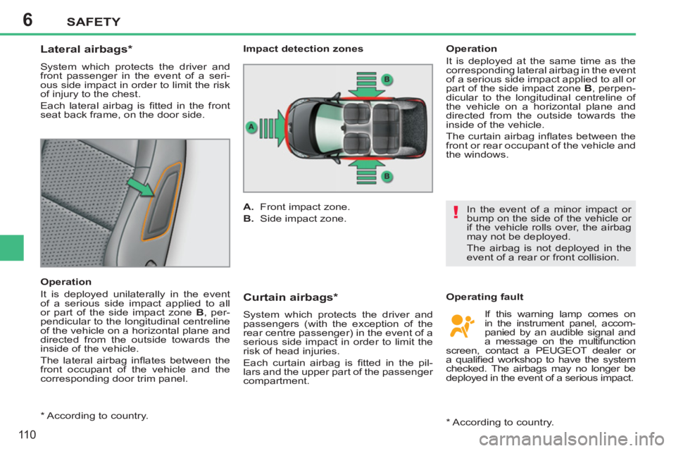 PEUGEOT 207 2011 Owners Manual 6
!
SAFETY
110
Lateral airbags *
System which protects the driver and
front passenger in the event of a seri-
ous side impact in order to limit the risk
of injury to the ches PEUGEOT 207 2011 Owners Manual 6
!
SAFETY
110
Lateral airbags *
System which protects the driver and
front passenger in the event of a seri-
ous side impact in order to limit the risk
of injury to the ches