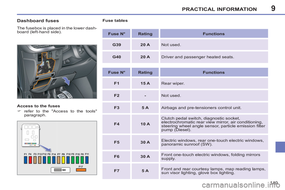 PEUGEOT 207 2011  Owners Manual 9PRACTICAL INFORMATION
149
   
Dashboard fuses 
 
The fusebox is placed in the lower dash-
board (left-hand side). 
   
Access to the fuses 
   
 
�) 
  refer to the "Access to the tools" 
paragraph. 