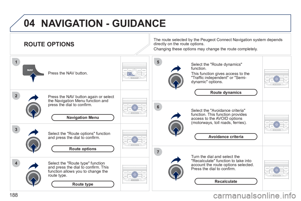PEUGEOT 207 2011  Owners Manual 188
04
4
3
2
1
7
6
5
NAVIGATION - GUIDANCE 
   
ROUTE OPTIONS 
 
 
Select the "Route dynamics"function.
  This 
function gives access to the "Trafﬁ c independent" or "Semi-
dynamic" options. 
   
Se
