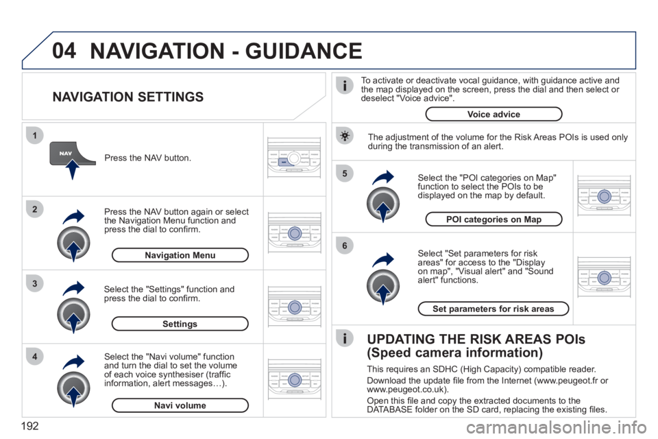 PEUGEOT 207 2011  Owners Manual 192
04
5
6
3 2 1
4
   
NAVIGATION SETTINGS 
 
 
Select "Set parameters for risk
areas" for access to the "Display 
on map", "Visual alert" and "Soundalert" functions.    
Select the "POI categories on