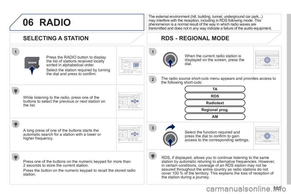 PEUGEOT 207 2011  Owners Manual 195
06
3 2 1 1
SELECTING A STATION
 
 
When the current radio station isdisplayed on the screen, press thedial.  
   
The radio source short-cuts menu appears and provides access to 
the following sho
