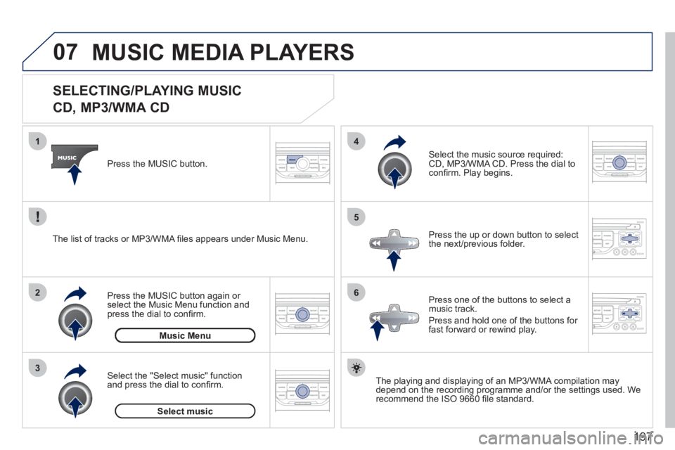 PEUGEOT 207 2011  Owners Manual 197
07
3 2 1
6
4
5
   
 
 
 
 
 
 
 
 
 
 
 
SELECTING/PLAYING MUSIC  
CD, MP3/WMA CD 
The playing and displaying of an MP3/WMA compilation may
depend on the recording programme and/or the settings us