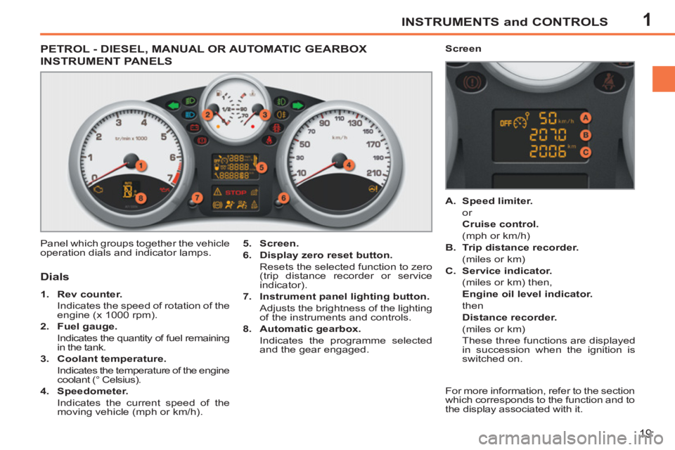 PEUGEOT 207 2011 Owners Manual 1INSTRUMENTS and CONTROLS
19
PETROL - DIESEL, MANUAL OR AUTOMATIC GEARBOX
IN
STRUMENT PANELS
Panel which groups together the vehicle
operation dials and indicato PEUGEOT 207 2011 Owners Manual 1INSTRUMENTS and CONTROLS
19
PETROL - DIESEL, MANUAL OR AUTOMATIC GEARBOX
IN
STRUMENT PANELS
Panel which groups together the vehicle
operation dials and indicato