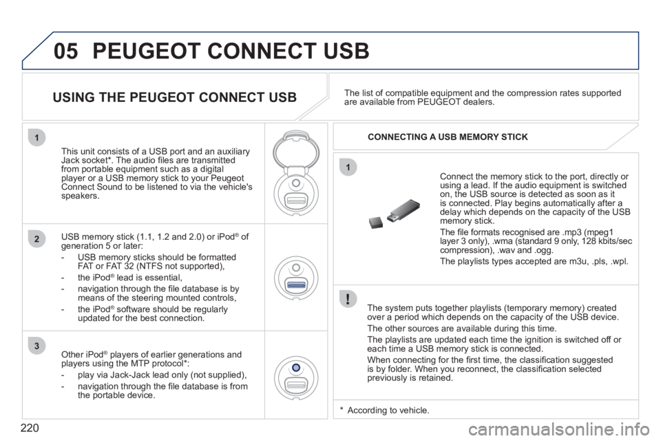 PEUGEOT 207 2011 Owners Manual 220
05
1
1
2
3
PEUGEOT CONNECT USB
The system puts together playlists (temporary memory) createdover a period which depends on the capacity of the USB device.
The other sources are available PEUGEOT 207 2011 Owners Manual 220
05
1
1
2
3
PEUGEOT CONNECT USB
The system puts together playlists (temporary memory) createdover a period which depends on the capacity of the USB device.
The other sources are available