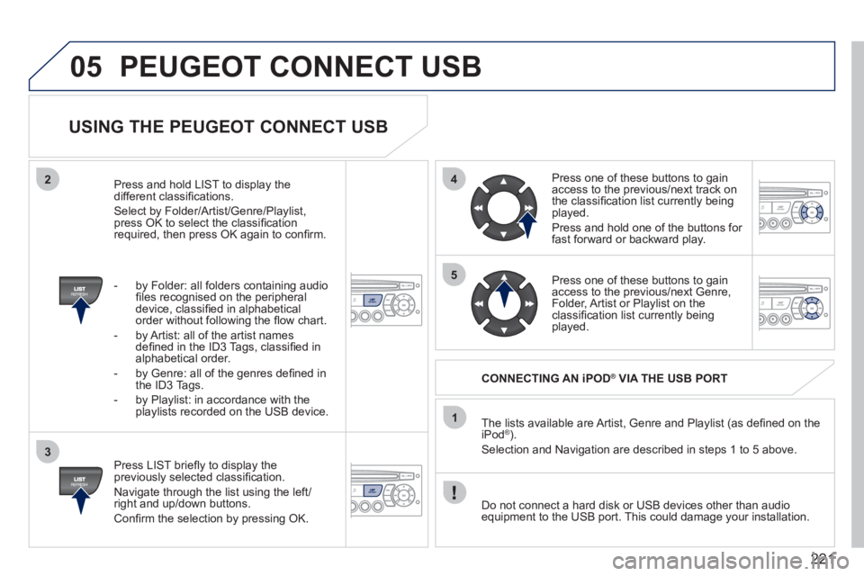 PEUGEOT 207 2011 Owners Manual 221
05
42
3
1
5
PEUGEOT CONNECT USB
USING THE PEUGEOT CONNECT USB
Press LIST briefl y to display thepreviously selected classifi cation.
Navi
gate through the list using the left/right PEUGEOT 207 2011 Owners Manual 221
05
42
3
1
5
PEUGEOT CONNECT USB
USING THE PEUGEOT CONNECT USB
Press LIST briefl y to display thepreviously selected classifi cation.
Navi
gate through the list using the left/right