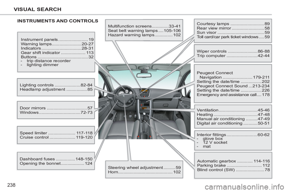 PEUGEOT 207 2011 Owners Manual 238
VISUAL SEARCH
INSTRUMENTS AND CONTROLS
Multifunction screens .............33-41
Seat belt warning lamps ....105-106
Hazard warning lamps .............. 102
Instrument panels ........ PEUGEOT 207 2011 Owners Manual 238
VISUAL SEARCH
INSTRUMENTS AND CONTROLS
Multifunction screens .............33-41
Seat belt warning lamps ....105-106
Hazard warning lamps .............. 102
Instrument panels ........