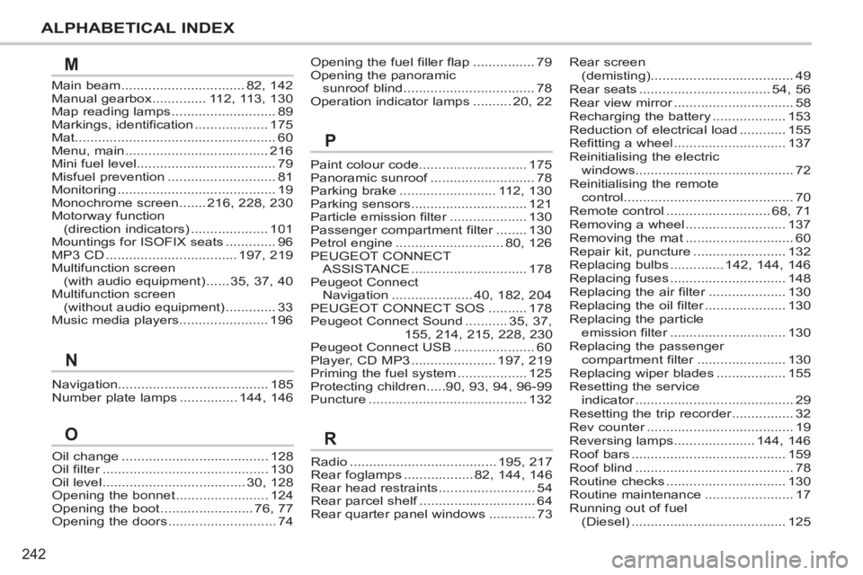 PEUGEOT 207 2011  Owners Manual 242
ALPHABETICAL INDEX
Navigation.......................................185Number plate lamps ...............144,146
Oil change ......................................128Oil filter.....................