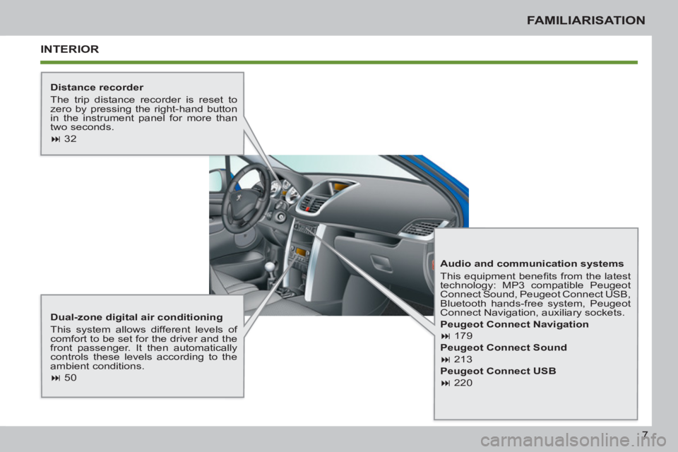 PEUGEOT 207 2011  Owners Manual 7
FAMILIARISATION
  INTERIOR
 
 
Dual-zone digital air conditioning 
  This system allows different levels of 
comfort to be set for the driver and the 
front passenger. It then automatically 
control