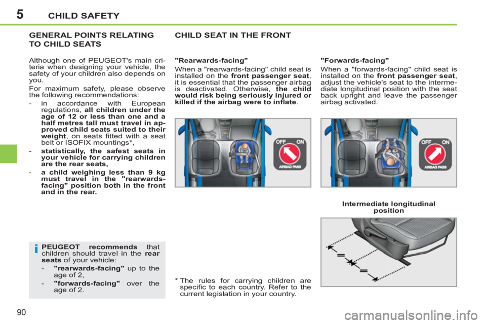 PEUGEOT 207 2011  Owners Manual 5
i
CHILD SAFETY
90
   
PEUGEOT recommends 
 that 
children should travel in the  rear 
seats 
 of your vehicle: 
   
 
-   "rearwards-facing" 
 up to the 
age of 2, 
   
-   "forwards-facing" 
 over 