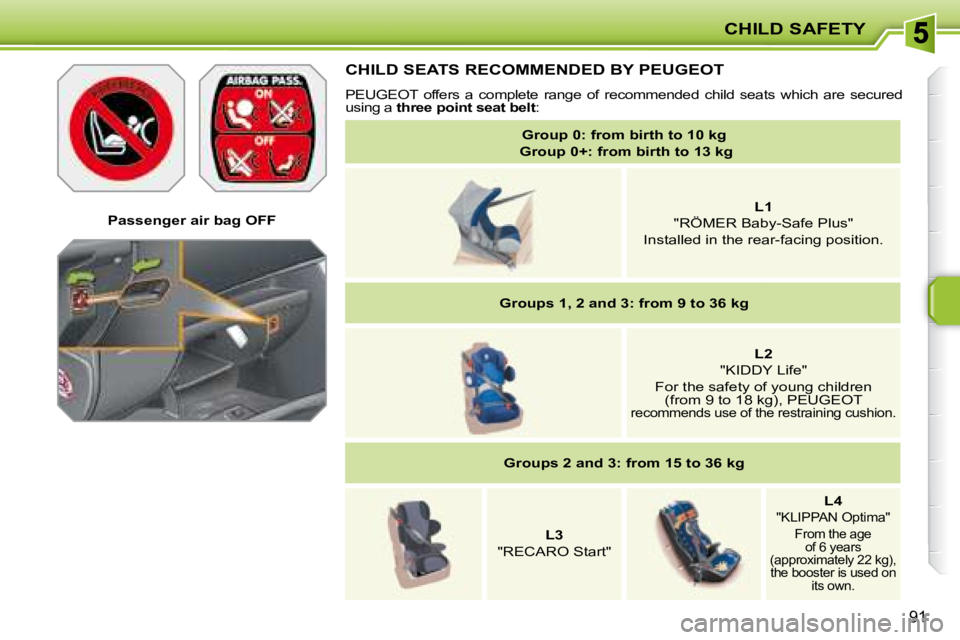 PEUGEOT 207 2008  Owners Manual CHILD SAFETY
91
   Passenger air bag OFF   
   CHILD SEATS RECOMMENDED BY  PEUGEOT  
  PEUGEOT   offers  a  complete  range  of  recommended  child  seats  which  are  secured 
using a   three point s