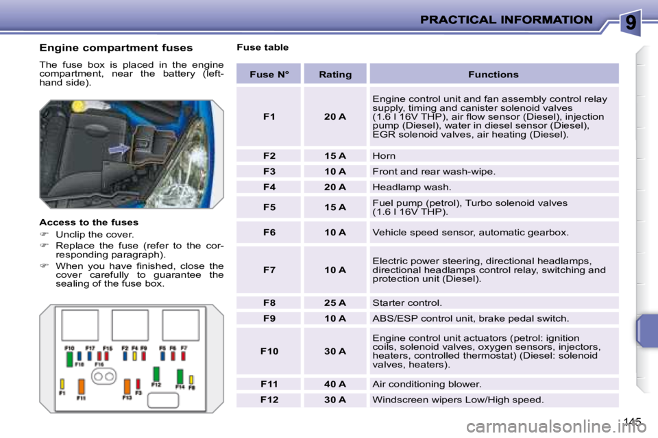 PEUGEOT 207 2008  Owners Manual 145
  Engine compartment fuses  
 The  fuse  box  is  placed  in  the  engine  
compartment,  near  the  battery  (left-
hand side).  
  Access to the fuses  
   
�    Unclip the cover. 
  
�   