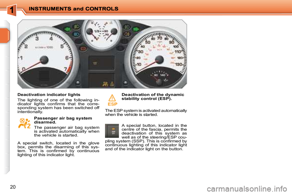 PEUGEOT 207 2008 User Guide 20
  Deactivation indicator lights  
 The  lighting  of  one  of  the  following  in- 
�d�i�c�a�t�o�r�  �l�i�g�h�t�s�  �c�o�n�ﬁ� �r�m�s�  �t�h�a�t�  �t�h�e�  �c�o�r�r�e�-
sponding system has been sw