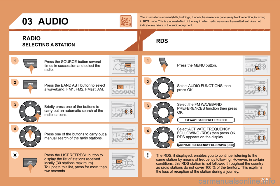PEUGEOT 207 2008  Owners Manual 205
11
22
33
44
22
44
33
11
03     AUDIO 
 Press the SOURCE button several times in succession and select the radio. 
 Press the BAND AST button to select a waveband: FM1, FM2, FMast, AM. 
� �B�r�i�e�
