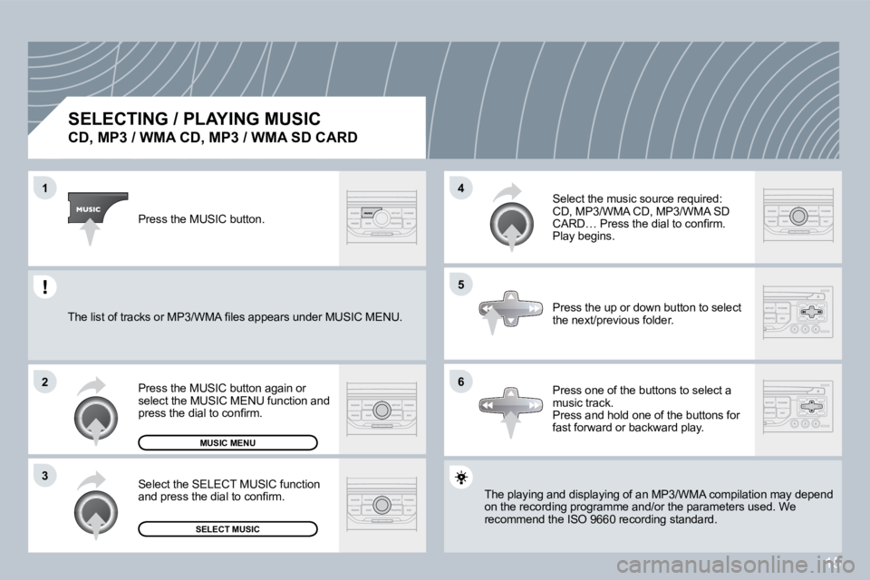 PEUGEOT 207 2008  Owners Manual 15
�1
�2
�3
�5
�4
�6
  SELECTING / PLAYING MUSIC  
�C�D�,� �M�P�3� �/� �W�M�A� �C�D�,� �M�P�3� �/� �W�M�A� �S�D� �C�A�R�D� 
� �T�h�e� �p�l�a�y�i�n�g� �a�n�d� �d�i�s�p�l�a�y�i�n�g� �o�f� �a�n� �M�P�3�/
