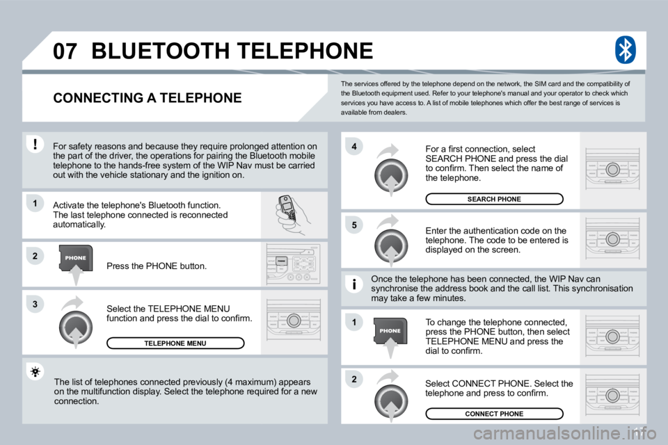 PEUGEOT 207 2008  Owners Manual 17
�0�7
�1
�3
�5
�4
�2
�1
�2
 The services offered by the telephone depend on the network, the SIM card and the compatibility of the Bluetooth equipment used. Refer to your telepho nes manual and you