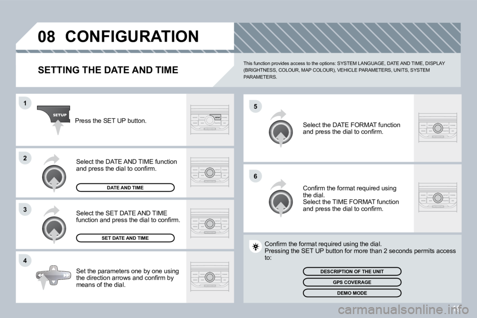 PEUGEOT 207 2008  Owners Manual 19
�0�8
�5
�6
�1
�2
�3
�4
� �C�O�N�F�I�G�U�R�A�T�I�O�N� 
  SETTING THE DATE AND TIME 
� �T�h�i�s� �f�u�n�c�t�i�o�n� �p�r�o�v�i�d�e�s� �a�c�c�e�s�s� �t�o� �t�h�e� �o�p�t�i�o�n�s�:� �S�Y�S�T�E�M� �L�A�N