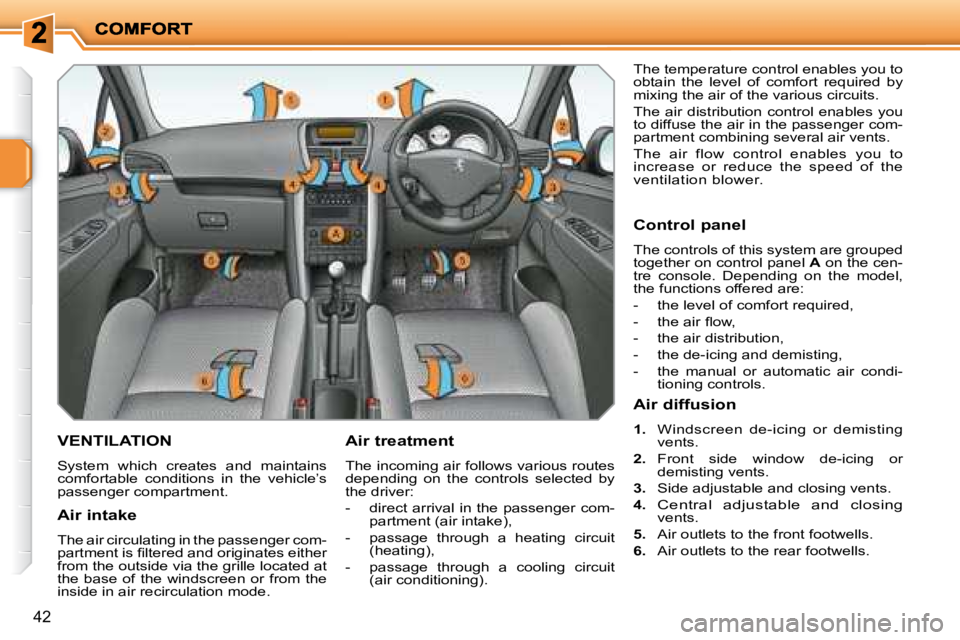 PEUGEOT 207 2008 Owners Guide 42
VENTILATION 
 System  which  creates  and  maintains  
comfortable  conditions  in  the  vehicle’s 
passenger compartment.   Air treatment  
 The incoming air follows various routes  
depending  