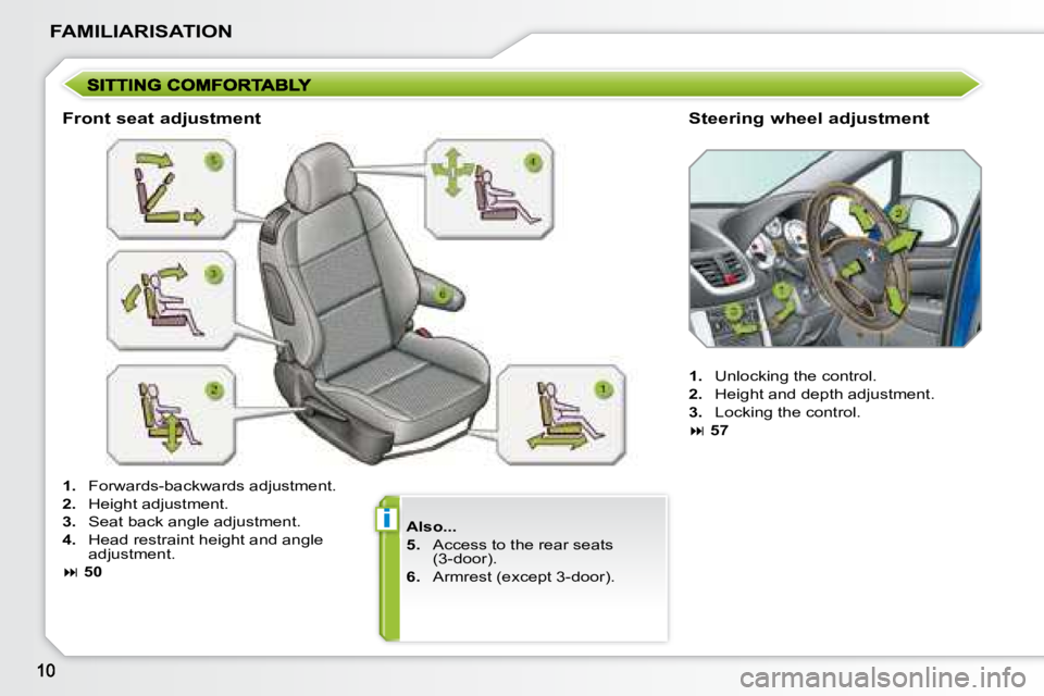 PEUGEOT 207 2008  Owners Manual i
FAMILIARISATION
  
Also...   
  
5.     Access to the rear seats
(3-door). 
  
6.    Armrest (except 3-door).  
  Front seat adjustment 
  Steering wheel adjustment 
   
1.    Forwards-backwards adj