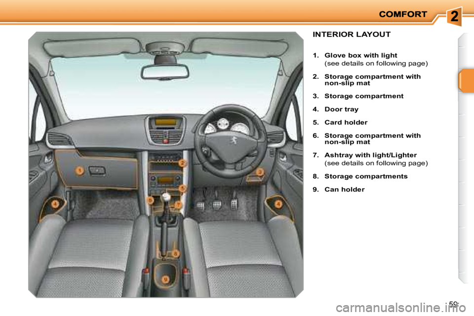 PEUGEOT 207 2008 Repair Manual 59
INTERIOR LAYOUT 
   
1.     Glove box with light     
  (see details on following page)  
  
2.     Storage compartment with  
non-slip mat   
  
3.     Storage compartment   
  
4.     Door tray  
