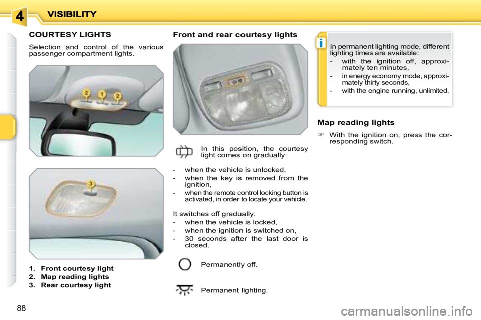 PEUGEOT 207 2008  Owners Manual i
88
         COURTESY LIGHTS 
 Selection  and  control  of  the  various  
passenger compartment lights.  
   
1.     Front courtesy light   
  
2.     Map reading lights   
  
3.     Rear courtesy l