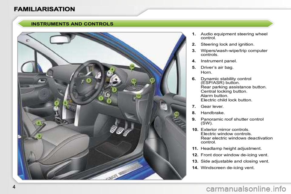 PEUGEOT 207 2007  Owners Manual �I�N�S�T�R�U�M�E�N�T�S� �A�N�D� �C�O�N�T�R�O�L�S
�1�.�  �A�u�d�i�o� �e�q�u�i�p�m�e�n�t� �s�t�e�e�r�i�n�g� �w�h�e�e�l� �c�o�n�t�r�o�l�.
�2�.�  �S�t�e�e�r�i�n�g� �l�o�c�k� �a�n�d� �i�g�n�i�t�i�o�n�.
�3�