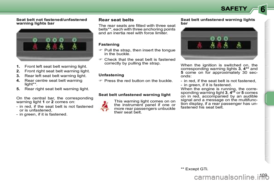 PEUGEOT 207 2007  Owners Manual �1�0�9
�1�.� �F�r�o�n�t� �l�e�f�t� �s�e�a�t� �b�e�l�t� �w�a�r�n�i�n�g� �l�i�g�h�t�.
�2�.� �F�r�o�n�t� �r�i�g�h�t� �s�e�a�t� �b�e�l�t� �w�a�r�n�i�n�g� �l�i�g�h�t�.
�3�.� �R�e�a�r� �l�e�f�t� �s�e�a�t� �