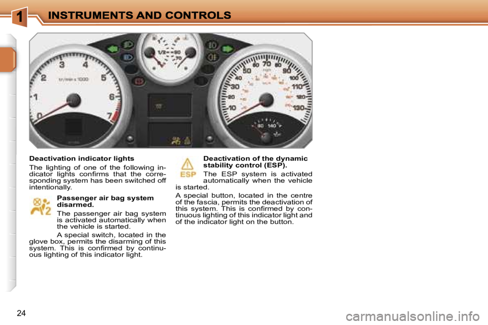 PEUGEOT 207 2007 User Guide �2�4
�D�e�a�c�t�i�v�a�t�i�o�n� �i�n�d�i�c�a�t�o�r� �l�i�g�h�t�s
�T�h�e�  �l�i�g�h�t�i�n�g�  �o�f�  �o�n�e�  �o�f�  �t�h�e�  �f�o�l�l�o�w�i�n�g�  �i�n�-�d�i�c�a�t�o�r�  �l�i�g�h�t�s�  �c�o�n�ﬁ�r�m�s�