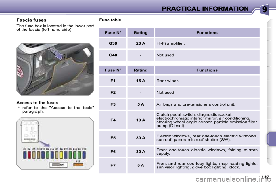 PEUGEOT 207 2007  Owners Manual �1�4�7
�F�a�s�c�i�a� �f�u�s�e�s
�T�h�e� �f�u�s�e� �b�o�x� �i�s� �l�o�c�a�t�e�d� �i�n� �t�h�e� �l�o�w�e�r� �p�a�r�t� �o�f� �t�h�e� �f�a�s�c�i�a� �(�l�e�f�t�-�h�a�n�d� �s�i�d�e�)�.
�A�c�c�e�s�s� �t�o� �