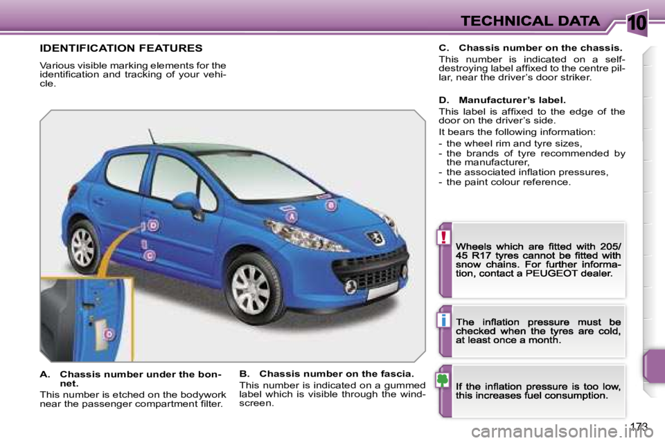 PEUGEOT 207 2007  Owners Manual �1�0
�!
�i
�1�7�3
�I�D�E�N�T�I�F�I�C�A�T�I�O�N� �F�E�A�T�U�R�E�S
�V�a�r�i�o�u�s� �v�i�s�i�b�l�e� �m�a�r�k�i�n�g� �e�l�e�m�e�n�t�s� �f�o�r� �t�h�e� �i�d�e�n�t�i�ﬁ�c�a�t�i�o�n�  �a�n�d�  �t�r�a�c�k�i�