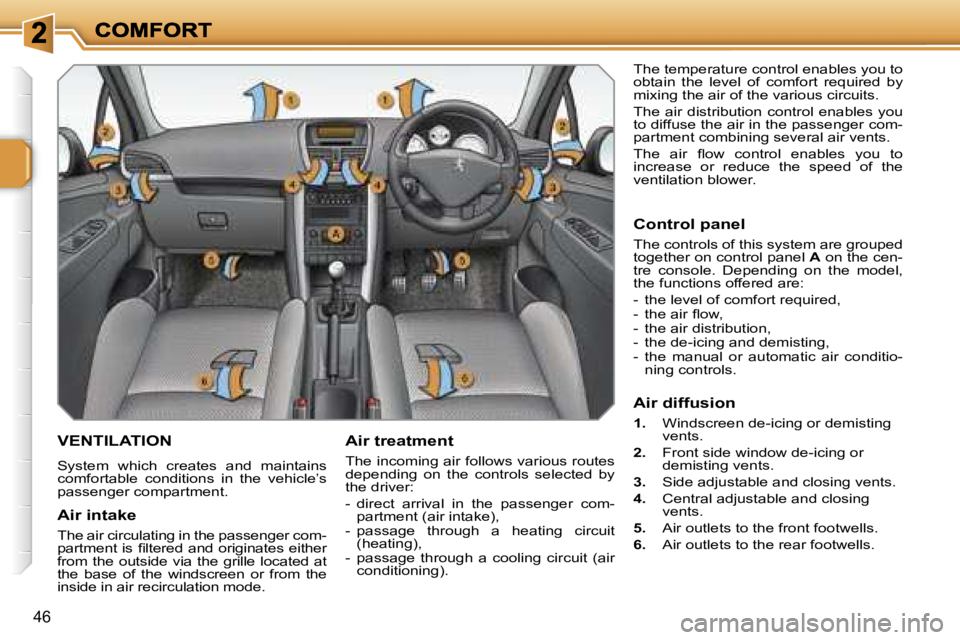PEUGEOT 207 2007 Owners Guide �4�6
�V�E�N�T�I�L�A�T�I�O�N
�S�y�s�t�e�m�  �w�h�i�c�h�  �c�r�e�a�t�e�s�  �a�n�d�  �m�a�i�n�t�a�i�n�s� �c�o�m�f�o�r�t�a�b�l�e�  �c�o�n�d�i�t�i�o�n�s�  �i�n�  �t�h�e�  �v�e�h�i�c�l�e�’�s� �p�a�s�s�e�n