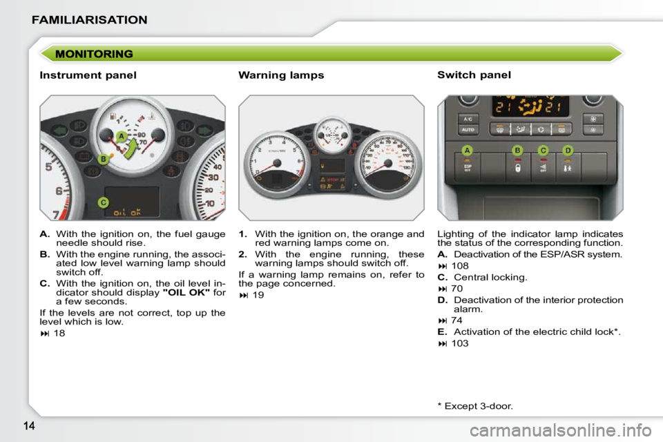 PEUGEOT 207 2009 User Guide FAMILIARISATION
  Instrument panel  
   
A. � �  �W�i�t�h�  �t�h�e�  �i�g�n�i�t�i�o�n�  �o�n�,�  �t�h�e�  �f�u�e�l�  �g�a�u�g�e� 
�n�e�e�d�l�e� �s�h�o�u�l�d� �r�i�s�e�.� 
  
B. � �  �W�i�t�h� �t�h�e� 