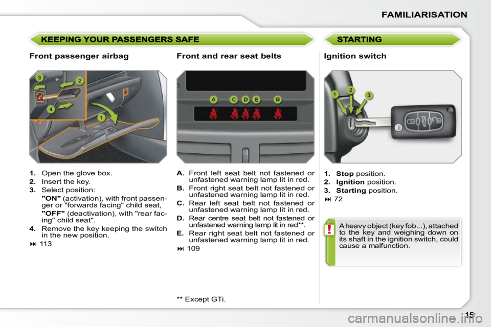 PEUGEOT 207 2009 User Guide !
FAMILIARISATION
  Front passenger airbag 
   
1. � �  �O�p�e�n� �t�h�e� �g�l�o�v�e� �b�o�x�.� 
  
2. � �  �I�n�s�e�r�t� �t�h�e� �k�e�y�.� 
  
3. � �  �S�e�l�e�c�t� �p�o�s�i�t�i�o�n�:� � 
    "ON" � 