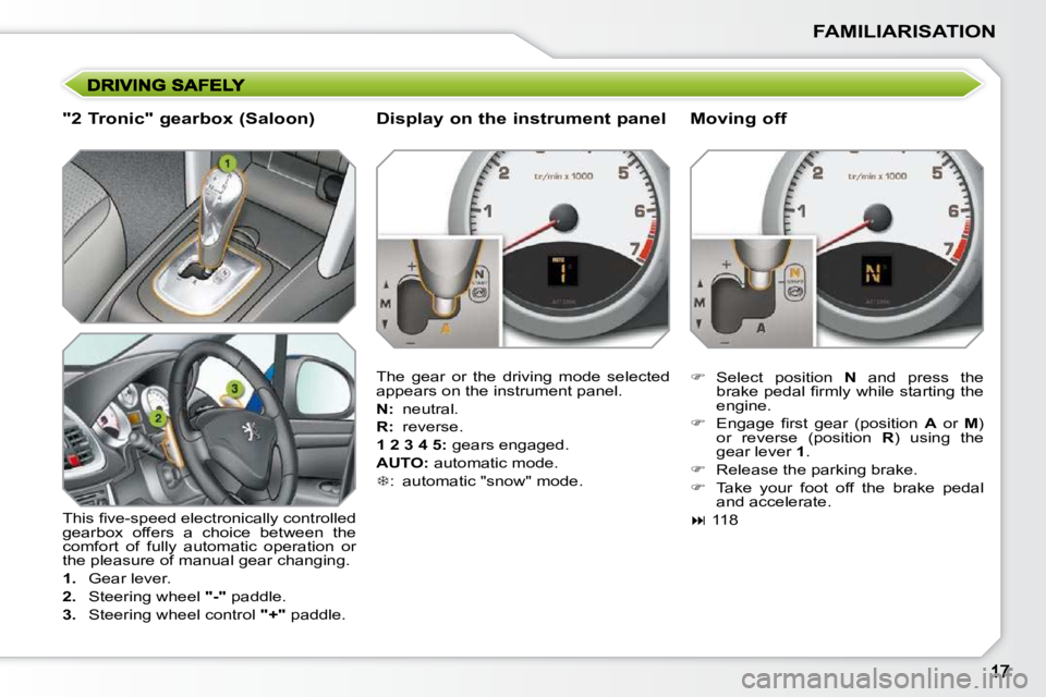 PEUGEOT 207 2009 User Guide FAMILIARISATION
  "2 Tronic" gearbox (Saloon)  
� �T�h�i�s� �ﬁ� �v�e�-�s�p�e�e�d� �e�l�e�c�t�r�o�n�i�c�a�l�l�y� �c�o�n�t�r�o�l�l�e�d�  
�g�e�a�r�b�o�x�  �o�f�f�e�r�s�  �a�  �c�h�o�i�c�e�  �b�e�t�w�e