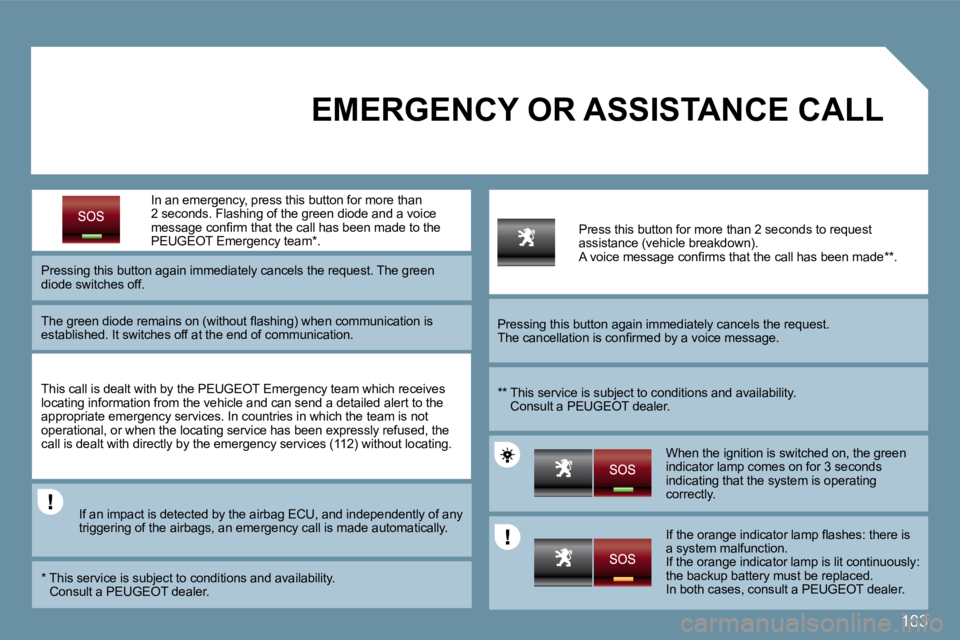 PEUGEOT 207 2009  Owners Manual 183
  In an  emergency , press this button for more than 2 seconds. Flashing of the green diode and a voice �m�e�s�s�a�g�e� �c�o�n�ﬁ� �r�m� �t�h�a�t� �t�h�e� �c�a�l�l� �h�a�s� �b�e�e�n� �m�a�d�e� �t