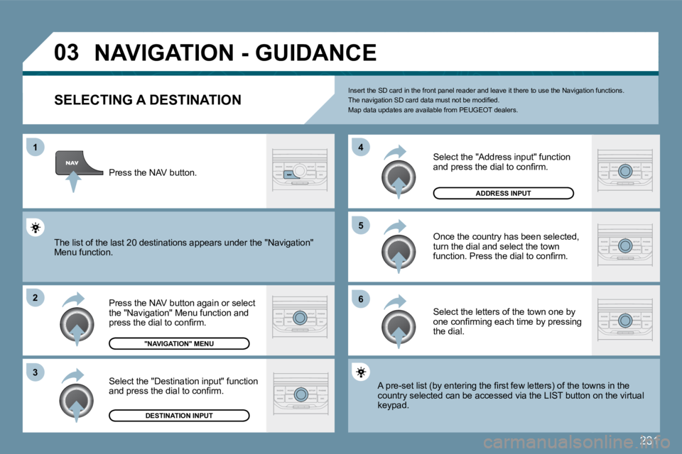 PEUGEOT 207 2009  Owners Manual 231
�0�3
1
�2
�3
�5 
6
�4
�N�A�V�I�G�A�T�I�O�N� �-� �G�U�I�D�A�N�C�E� 
  SELECTING A DESTINATION 
 Press the NAV button again or select the "Navigation" Menu function and �p�r�e�s�s� �t�h�e� �d�i�a�l�