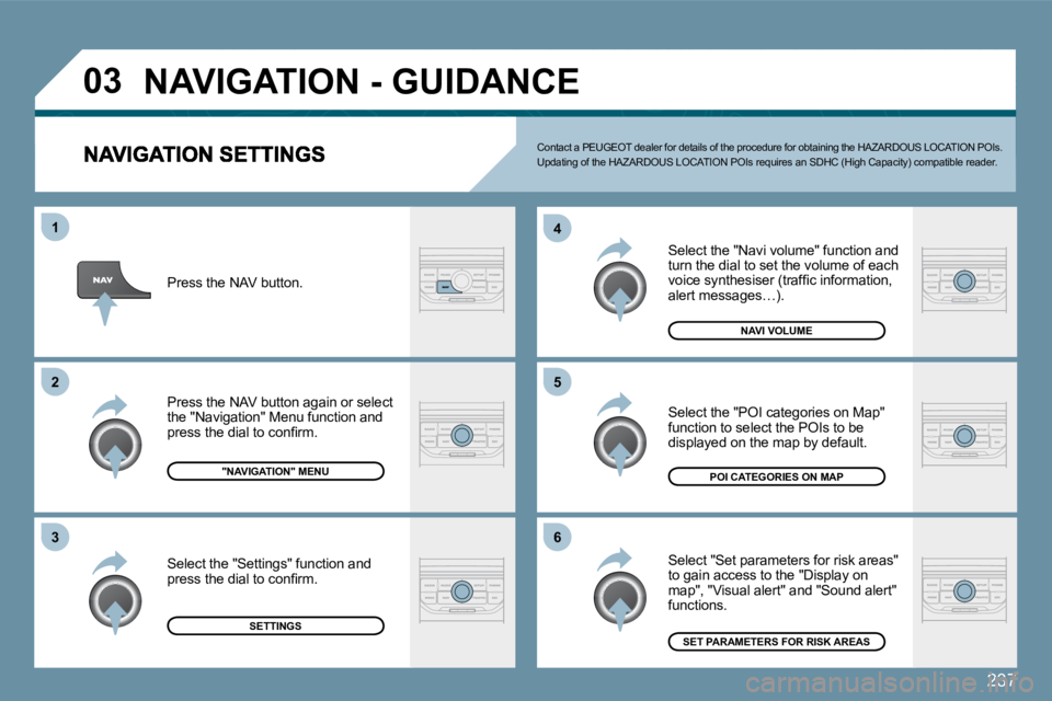 PEUGEOT 207 2009  Owners Manual 237
�0�3
�5
�4 
6
�3
�2
1
 Select the "Navi volume" function and turn the dial to set the volume of each �v�o�i�c�e� �s�y�n�t�h�e�s�i�s�e�r� �(�t�r�a�f�ﬁ� �c� �i�n�f�o�r�m�a�t�i�o�n�,� �a�l�e�r�t� �