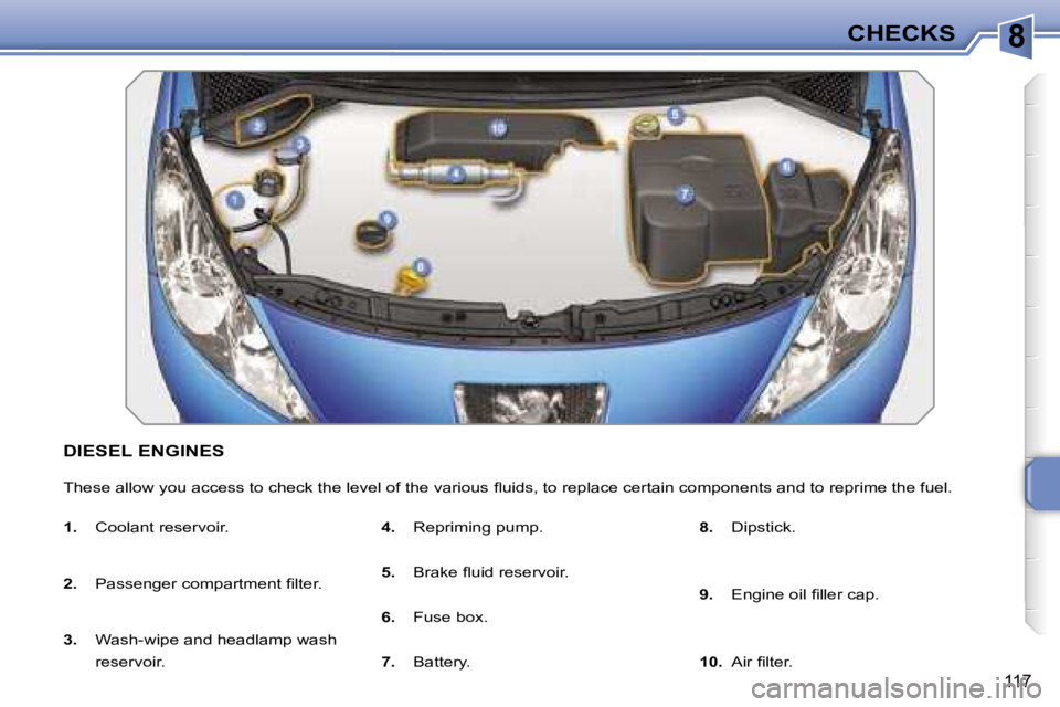 PEUGEOT 207 2005  Owners Manual �8
�1�1�7
�D�I�E�S�E�L� �E�N�G�I�N�E�S
�T�h�e�s�e� �a�l�l�o�w� �y�o�u� �a�c�c�e�s�s� �t�o� �c�h�e�c�k� �t�h�e� �l�e�v�e�l� �o�f� �t�h�e� �v�a�r�i�o�u�s� �ﬂ�u�i�d�s�,� �t�o� �r�e�p�l�a�c�e� �c�e�r�t�