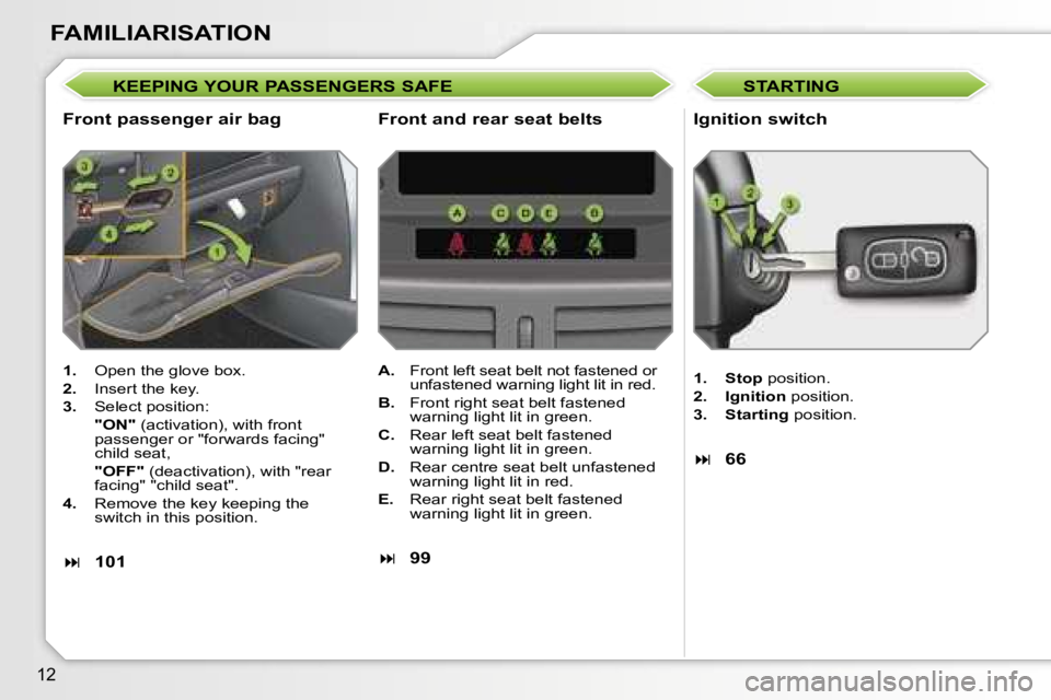 PEUGEOT 207 2005  Owners Manual �1�2
�F�A�M�I�L�I�A�R�I�S�A�T�I�O�N
�K�E�E�P�I�N�G� �Y�O�U�R� �P�A�S�S�E�N�G�E�R�S� �S�A�F�E
�F�r�o�n�t� �p�a�s�s�e�n�g�e�r� �a�i�r� �b�a�g �I�g�n�i�t�i�o�n� �s�w�i�t�c�h
�1�.�  �O�p�e�n� �t�h�e� �g�l