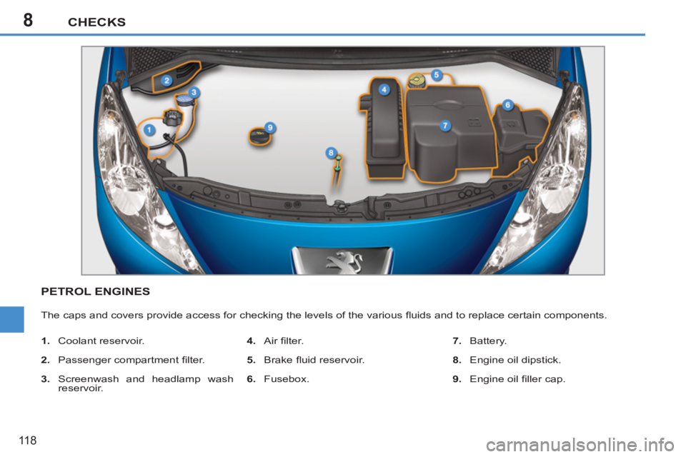 PEUGEOT 207 CC 2011 Owners Manual 8CHECKS
118
PETROL ENGINES
The caps and covers provide access for checking the levels of the various fl uids and to replace certain components.
1.
Coolant reservoir.
2.
Passenger c PEUGEOT 207 CC 2011 Owners Manual 8CHECKS
118
PETROL ENGINES
The caps and covers provide access for checking the levels of the various fl uids and to replace certain components.
1.
Coolant reservoir.
2.
Passenger c