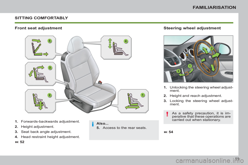 PEUGEOT 207 CC 2011  Owners Manual i
!
11
FAMILIARISATION
 SITTING COMFORTABLY 
   
Also... 
 
   
5. 
   Access to the rear seats.  
 
 
Front seat adjustment    
Steering wheel adjustment 
 
 
1. 
   Forwards-backwards adjustment. 
 