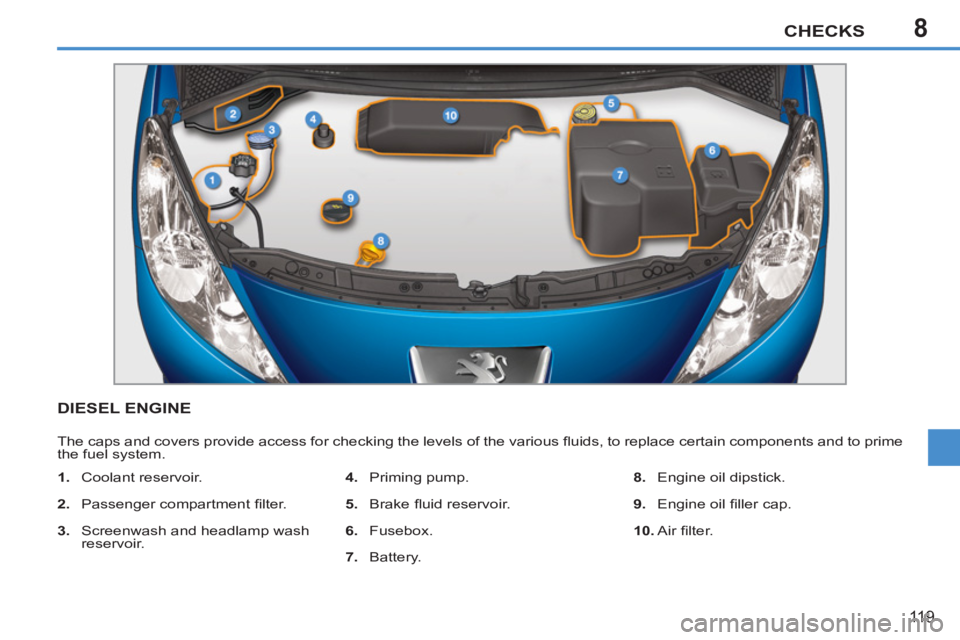 PEUGEOT 207 CC 2011 Owners Manual 8CHECKS
119
DIESEL ENGINE
The caps and covers provide access for checking the levels of the various fl uids, to replace certain components and to prime
the fuel system.
1.
Coolant reserv PEUGEOT 207 CC 2011 Owners Manual 8CHECKS
119
DIESEL ENGINE
The caps and covers provide access for checking the levels of the various fl uids, to replace certain components and to prime
the fuel system.
1.
Coolant reserv