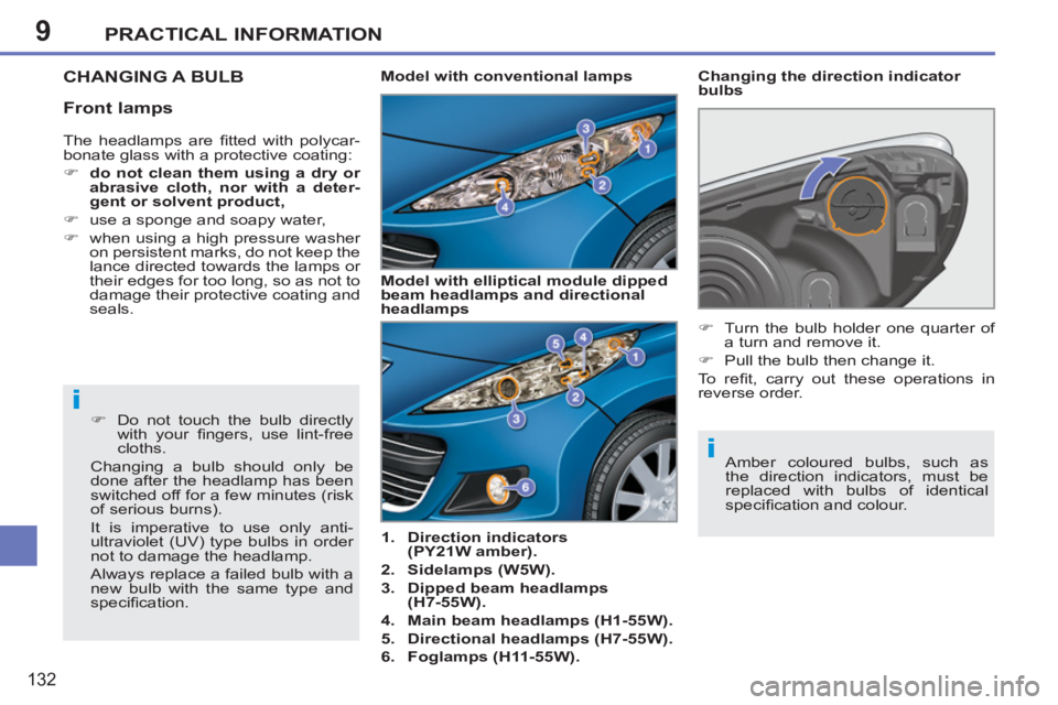 PEUGEOT 207 CC 2011  Owners Manual 9
i
i
PRACTICAL INFORMATION
132
CHANGING A BULB
   
 
1. 
  Direction indicators 
(PY21W amber). 
 
   
2. 
  Sidelamps (W5W). 
 
   
3. 
  Dipped beam headlamps 
(H7-55W). 
 
   
4. 
  Main beam head