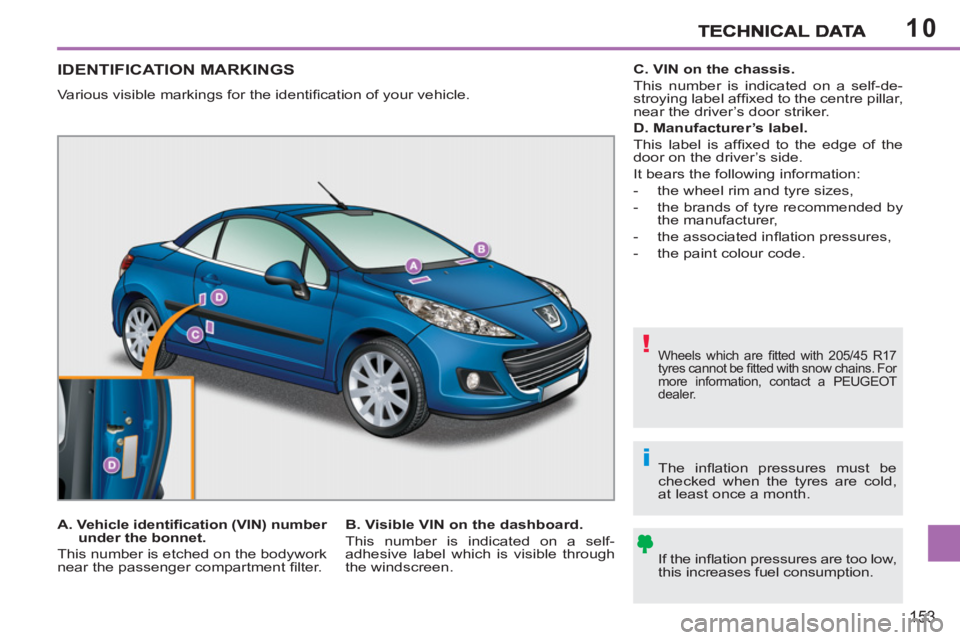 PEUGEOT 207 CC 2011 Owners Manual 10
!
i
153
IDENTIFICATION MARKINGS
Various visible markings for the identifi cation of your vehicle.
Wheels which are fi tted with 205/45 R17
tyres cannot be fi tted with snow chains. For
m PEUGEOT 207 CC 2011 Owners Manual 10
!
i
153
IDENTIFICATION MARKINGS
Various visible markings for the identifi cation of your vehicle.
Wheels which are fi tted with 205/45 R17
tyres cannot be fi tted with snow chains. For
m