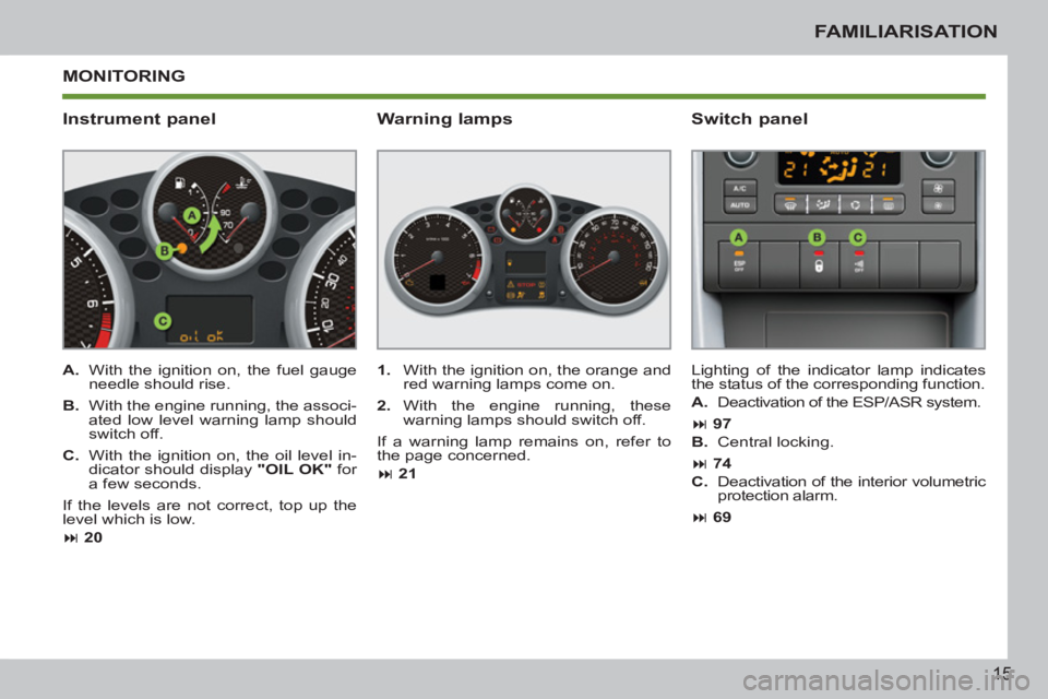 PEUGEOT 207 CC 2011  Owners Manual 15
FAMILIARISATION
  MONITORING 
   
Instrument panel    
Switch panel 
 
 
 
A. 
  With the ignition on, the fuel gauge 
needle should rise. 
   
B. 
  With the engine running, the associ-
ated low l