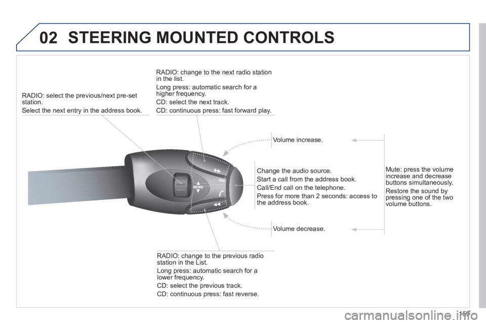 PEUGEOT 207 CC 2011  Owners Manual 159
02  STEERING MOUNTED CONTROLS 
RADIO: select the previous/next pre-set station. 
Select the next entr
y in the address book.RADI
O: change to the next radio station in the list. 
Lon
g press: auto