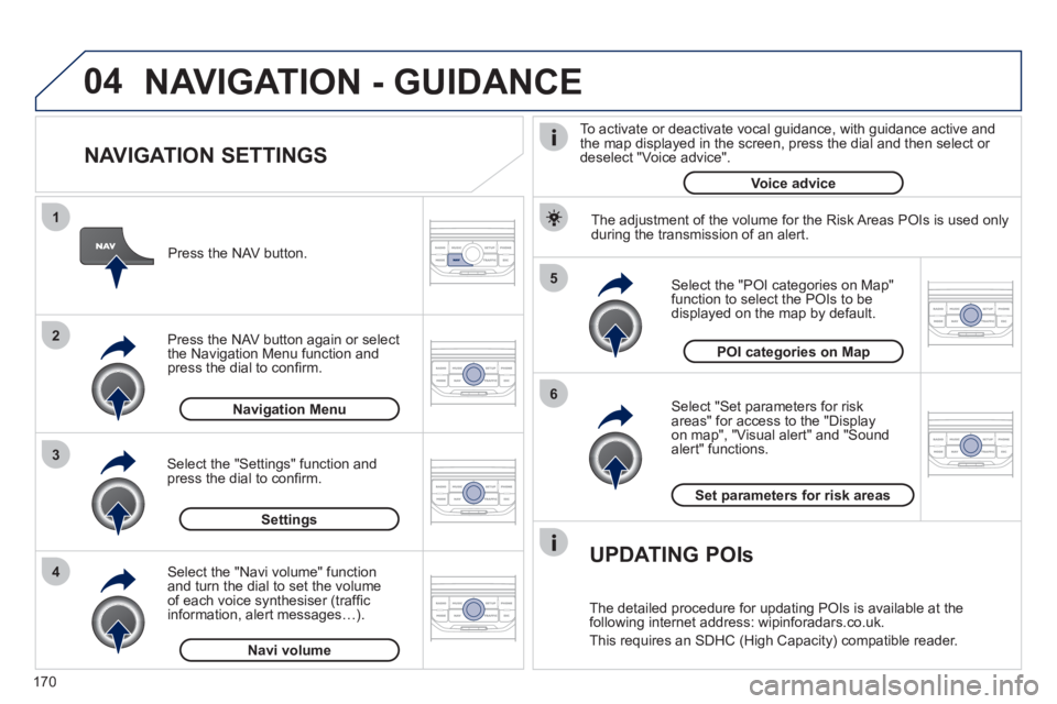 PEUGEOT 207 CC 2011  Owners Manual 170
04
5
6
3 2 1
4
   
NAVIGATION SETTINGS 
 
 
Select "Set parameters for risk
areas" for access to the "Display 
on map", "Visual alert" and "Soundalert" functions.    
Select the "POI categories on